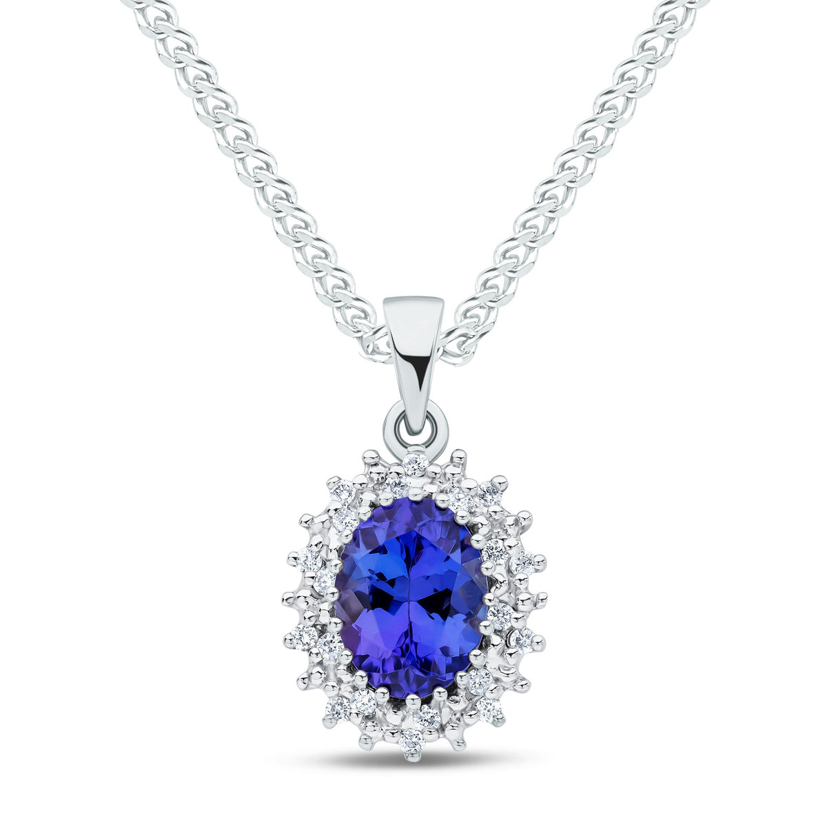 9ct White Gold Oval Natural Tanzanite & Diamond Classic Cluster Pendant — 8x6mm