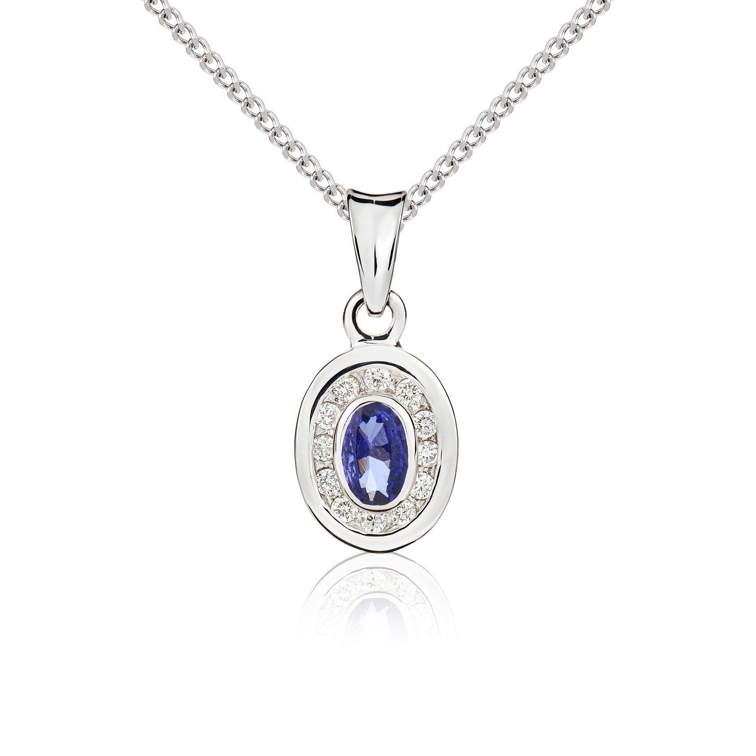 9ct White Gold Oval Natural Tanzanite and Diamond Cluster Pendant — 5x3mm