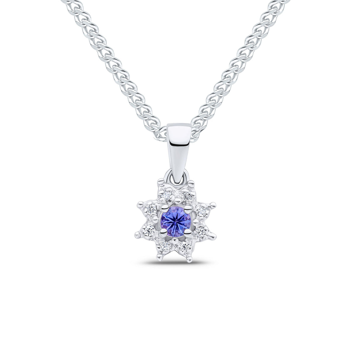 9ct White Gold Round Natural Tanzanite & Diamond Claw Set Cluster Pendant — 3mm
