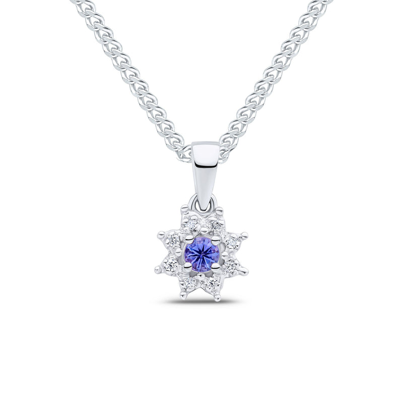 9ct White Gold Round Natural Tanzanite & Diamond Claw Set Cluster Pendant — 3mm