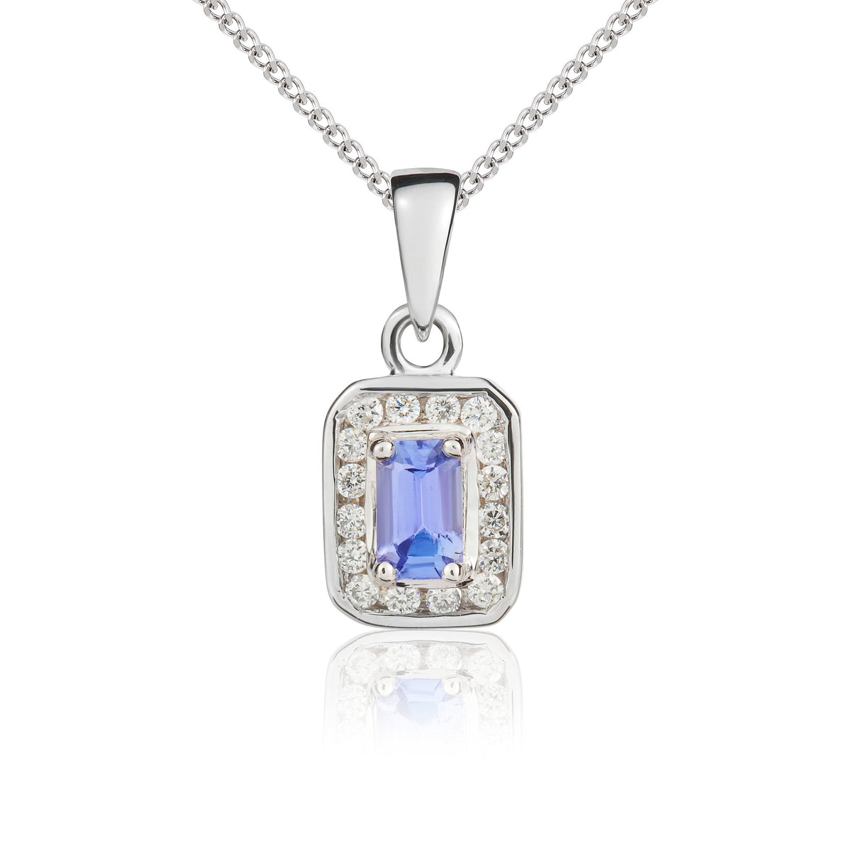 9ct White Gold Octagonal Natural Tanzanite & Diamond Cluster Pendant — 5x3mm