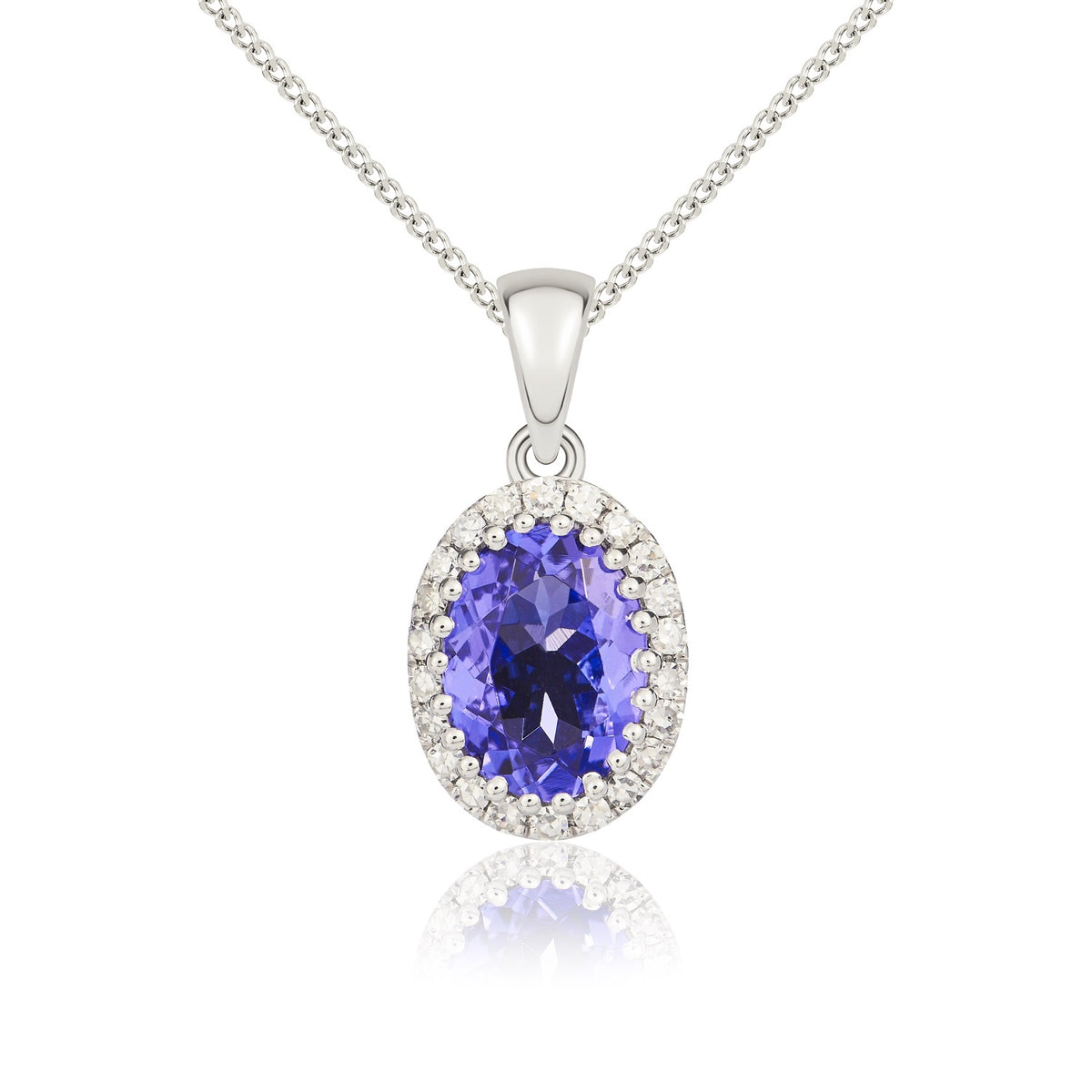 9ct White Gold Oval Natural Tanzanite & Diamond Claw Set Cluster Pendant — 7x5mm