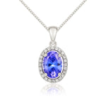 9ct White Gold Oval Natural Tanzanite & Diamond Halo Cluster Pendant — 7x5mm