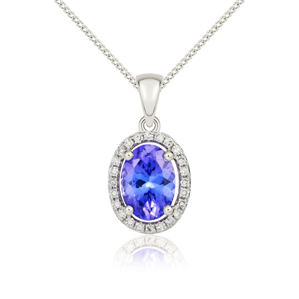 9ct White Gold Oval Natural Tanzanite & Diamond Halo Cluster Pendant — 7x5mm