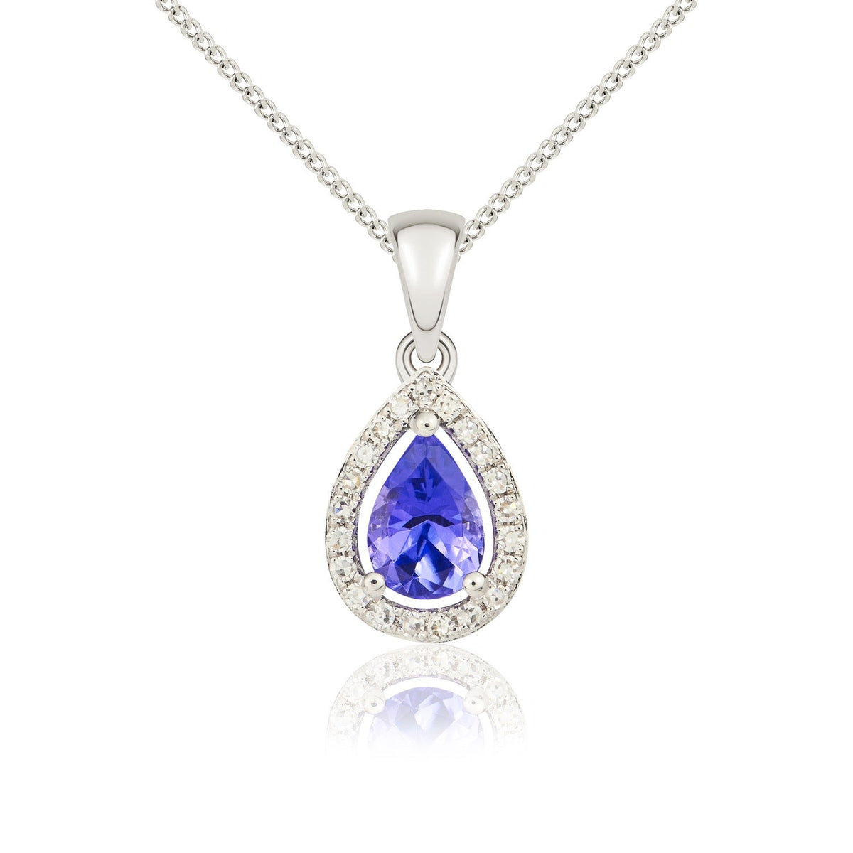 9ct White Gold Pear Natural Tanzanite & Diamond Halo Cluster Pendant — 6x4mm