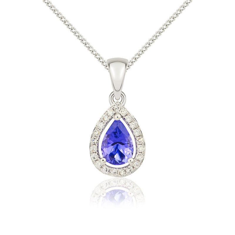 9ct White Gold Pear Natural Tanzanite & Diamond Halo Cluster Pendant — 6x4mm