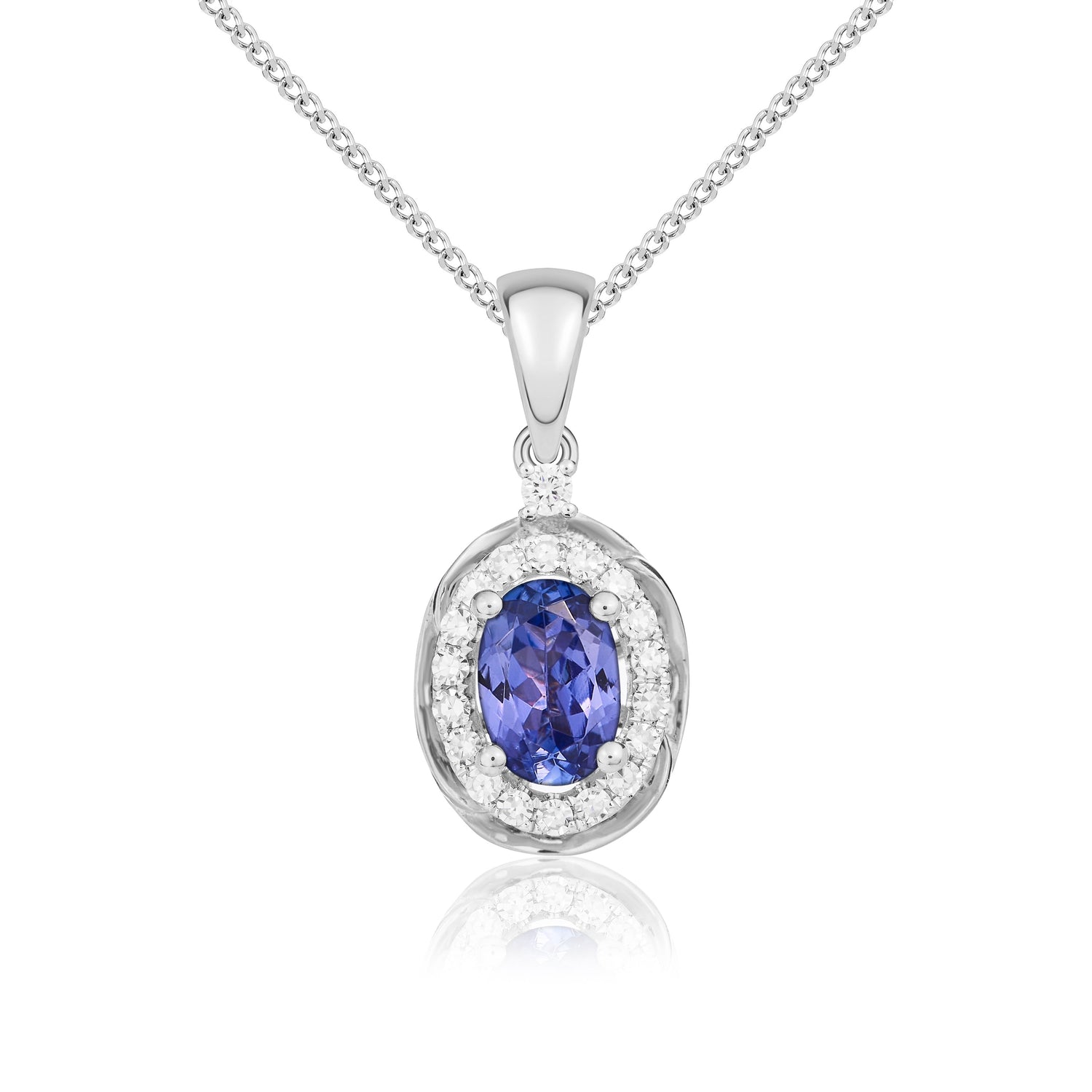 9ct White Gold Oval Natural Tanzanite and Diamond Cluster Pendant — 6x4mm