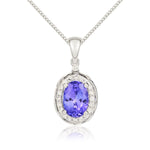 9ct White Gold Oval Natural Tanzanite & Diamond Rope Edge Cluster Pendant — 7x5mm