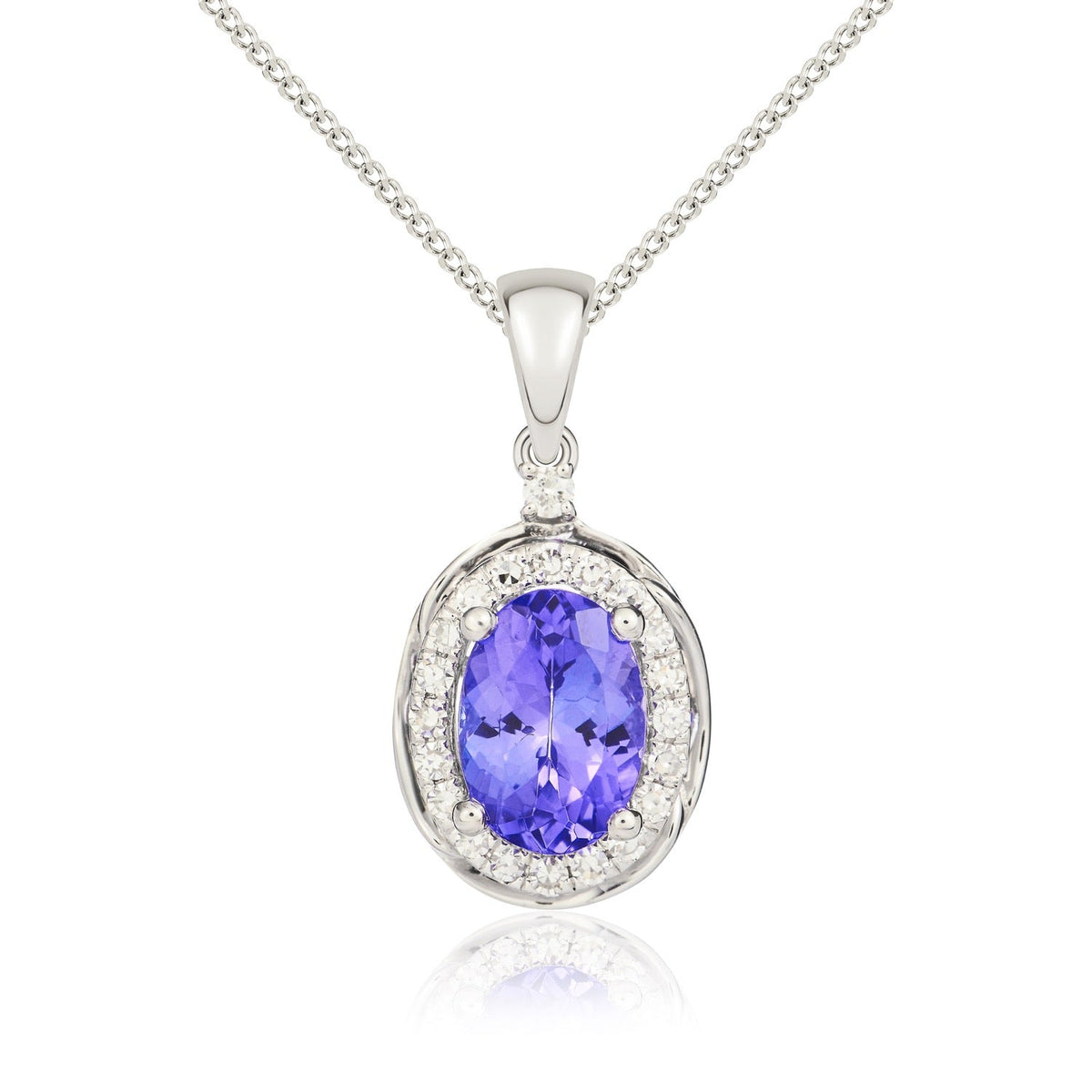 9ct White Gold Oval Natural Tanzanite & Diamond Rope Edge Cluster Pendant — 7x5mm