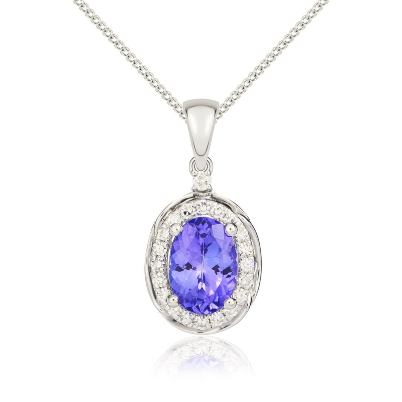 9ct White Gold Oval Natural Tanzanite & Diamond Rope Edge Cluster Pendant — 7x5mm