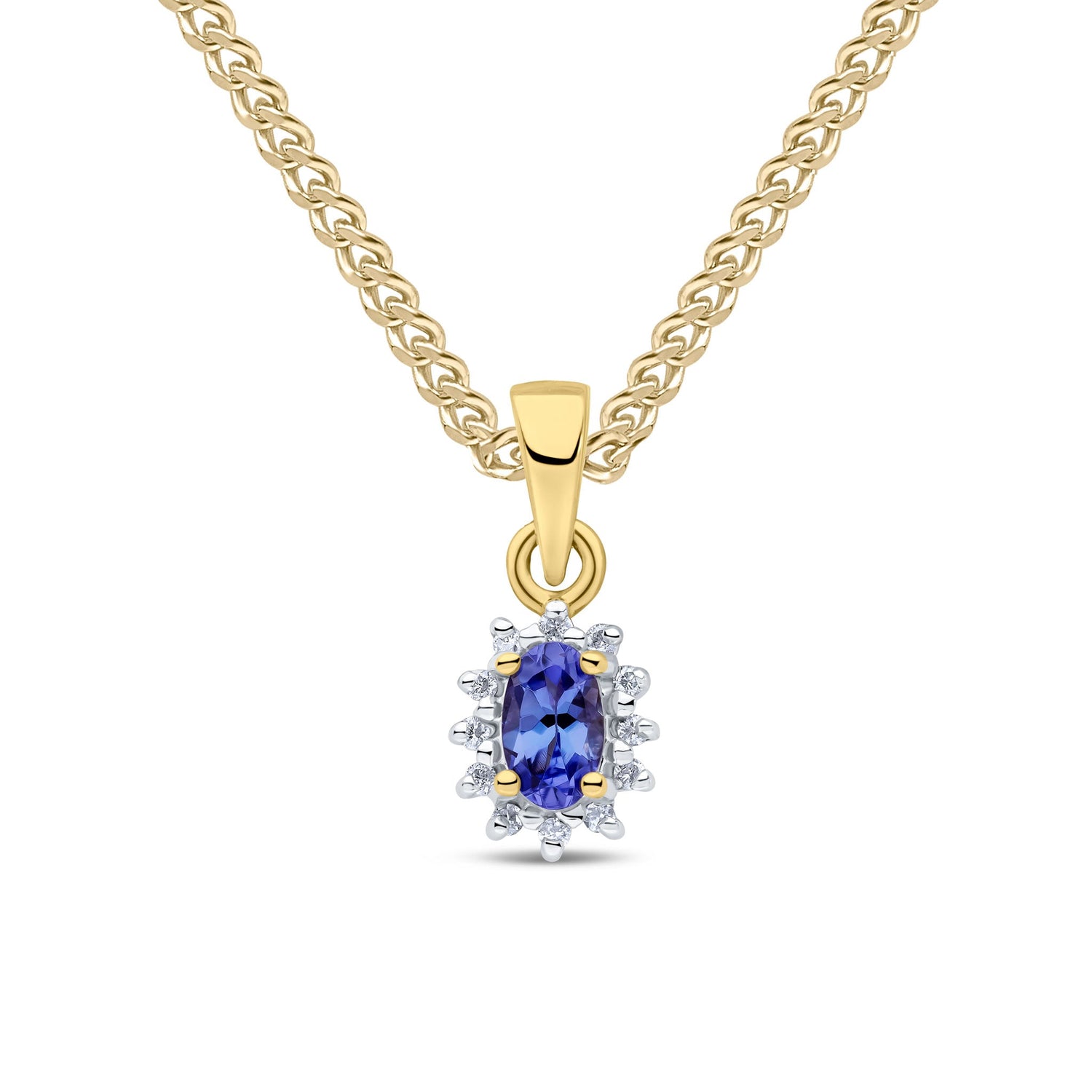 9ct Yellow Gold Oval Natural Tanzanite and Diamond Cluster Pendant — 5x3mm