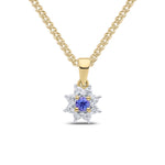 9ct Yellow Gold Round Natural Tanzanite & Diamond Claw Set Cluster Pendant — 3mm