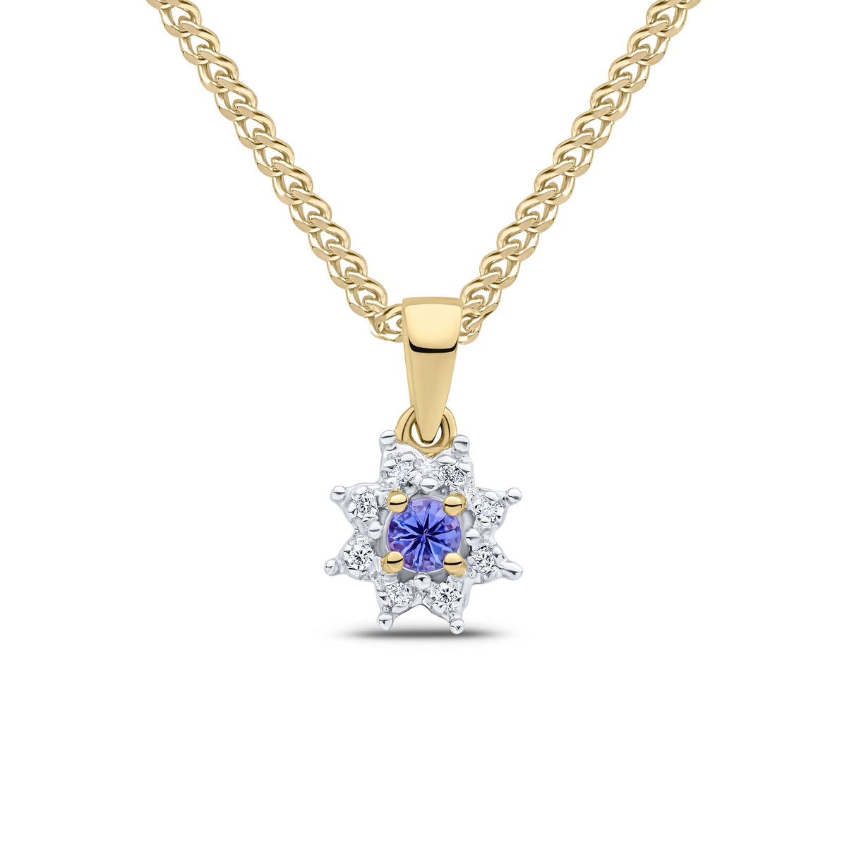 9ct Yellow Gold Round Natural Tanzanite & Diamond Claw Set Cluster Pendant — 3mm