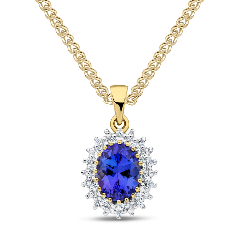 9ct Yellow Gold Oval Natural Tanzanite & Diamond Classic Cluster Pendant — 8x6mm