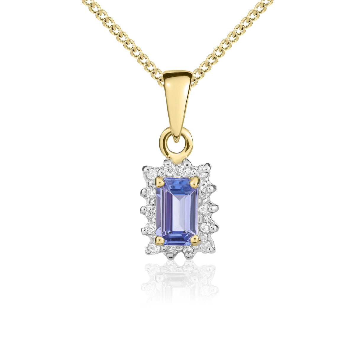 9ct Yellow Gold Octagonal Natural Tanzanite & Diamond Claw Set Cluster Pendant — 5x3mm