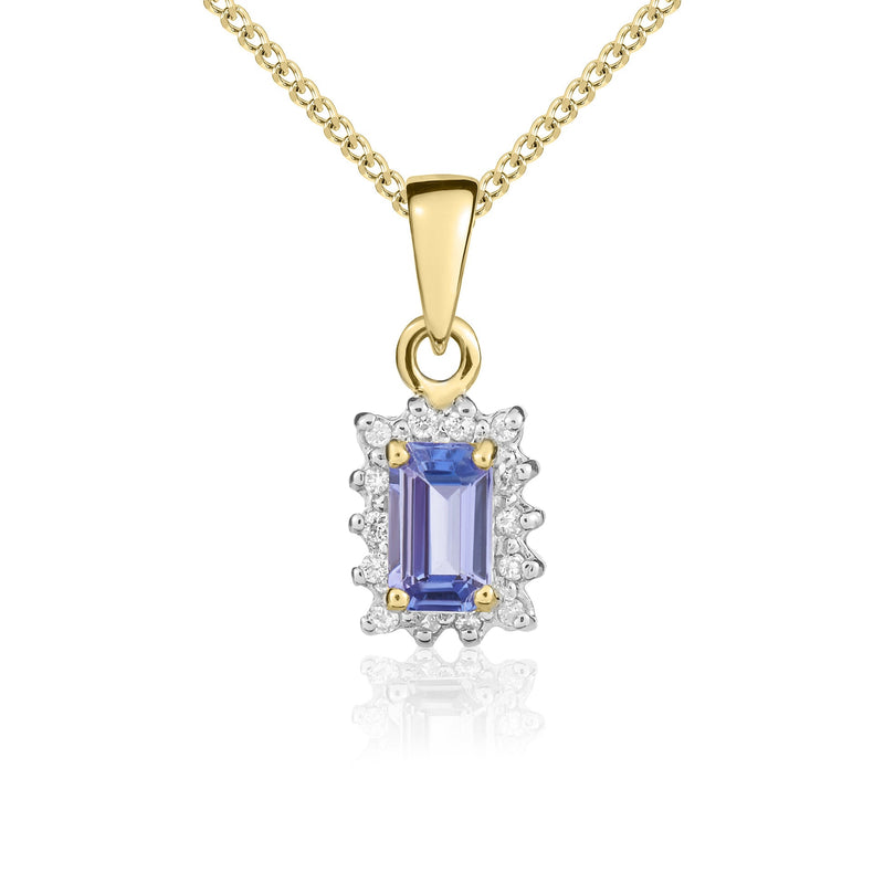 9ct Yellow Gold Octagonal Natural Tanzanite & Diamond Claw Set Cluster Pendant — 5x3mm