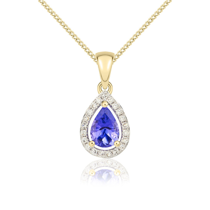 9ct Yellow Gold Pear Natural Tanzanite & Diamond Halo Cluster Pendant — 6x4mm