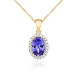 9ct Yellow Gold Oval Natural Tanzanite & Diamond Claw Set Cluster Pendant — 7x5mm