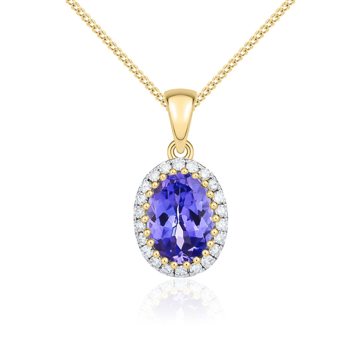 9ct Yellow Gold Oval Natural Tanzanite & Diamond Claw Set Cluster Pendant — 7x5mm