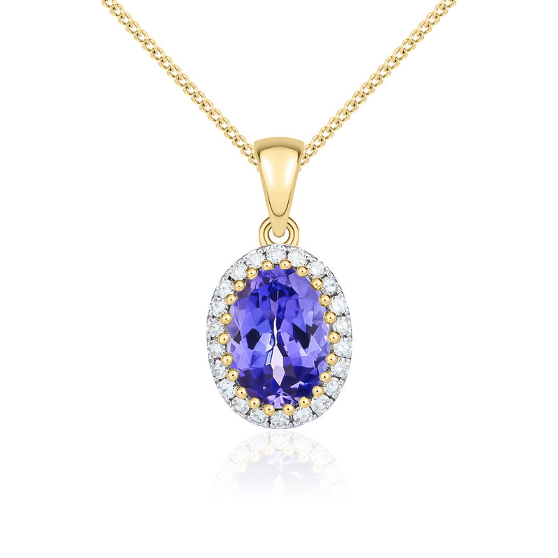 9ct Yellow Gold Oval Natural Tanzanite & Diamond Claw Set Cluster Pendant — 7x5mm