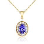 9ct Yellow Gold Oval Natural Tanzanite & Diamond Rope Edge Cluster Pendant — 7x5mm