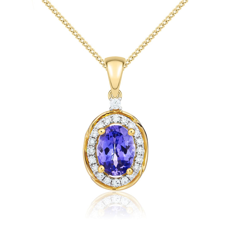 9ct Yellow Gold Oval Natural Tanzanite & Diamond Rope Edge Cluster Pendant — 7x5mm