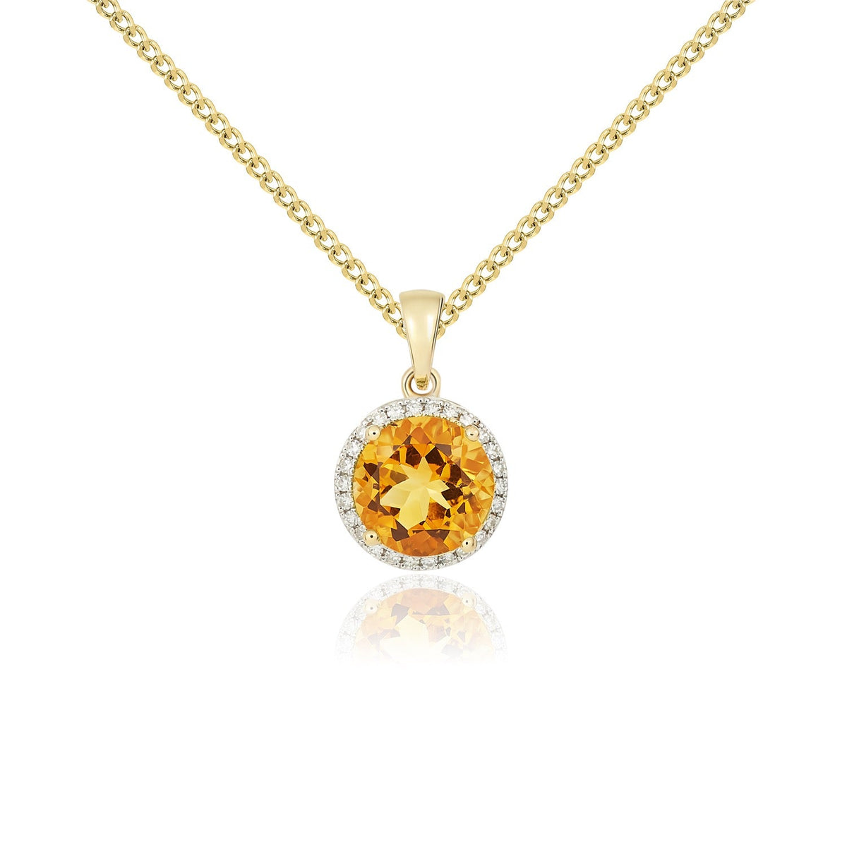 9ct Yellow Gold Round Natural Citrine & Diamond Claw Cluster Pendant — 8mm