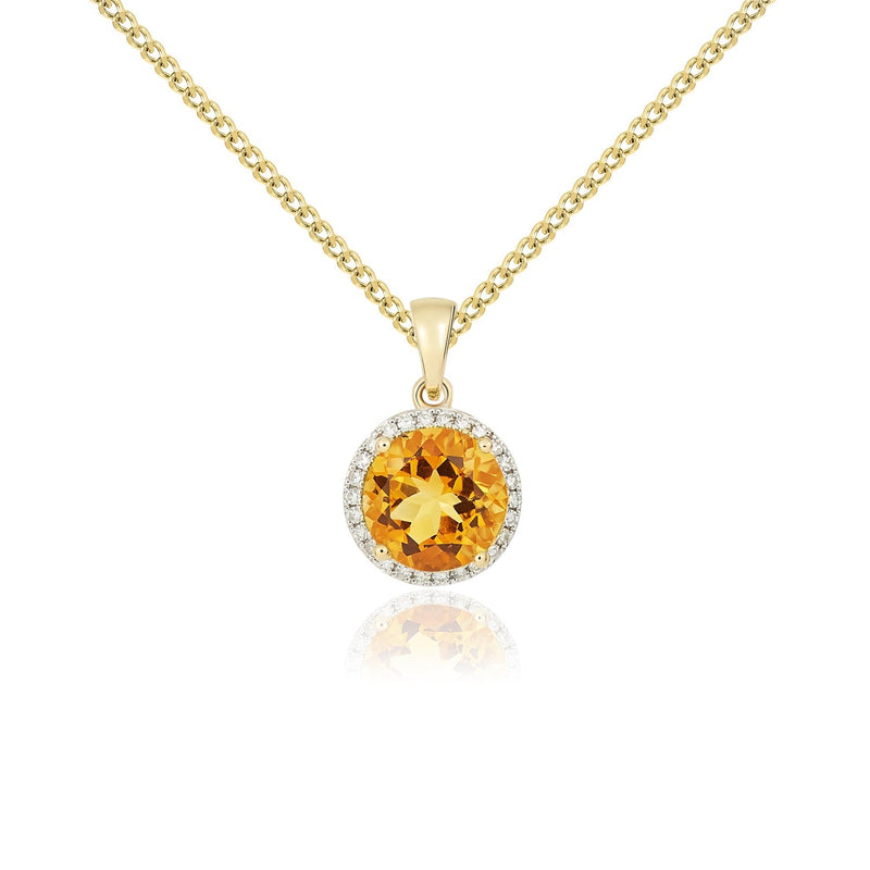 9ct Yellow Gold Round Natural Citrine & Diamond Claw Cluster Pendant — 8mm