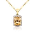 9ct Yellow Gold Cushion Natural Citrine & Diamond Cluster Pendant — 8x6mm