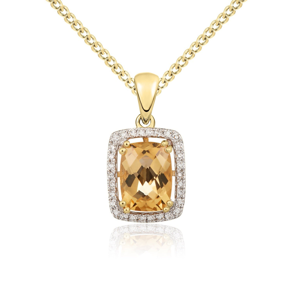 9ct Yellow Gold Cushion Natural Citrine & Diamond Cluster Pendant — 8x6mm