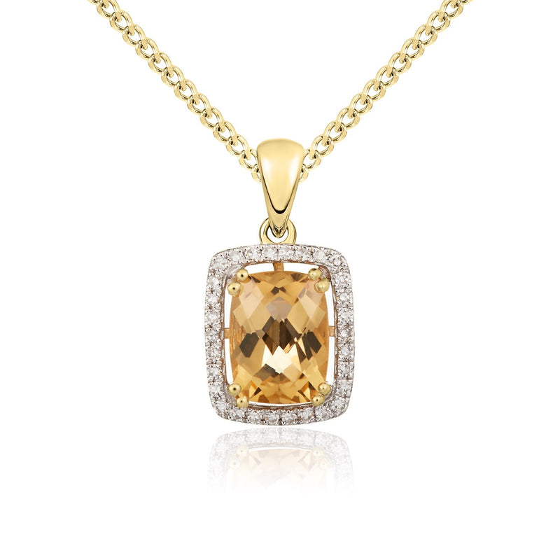 9ct Yellow Gold Cushion Natural Citrine & Diamond Cluster Pendant — 8x6mm