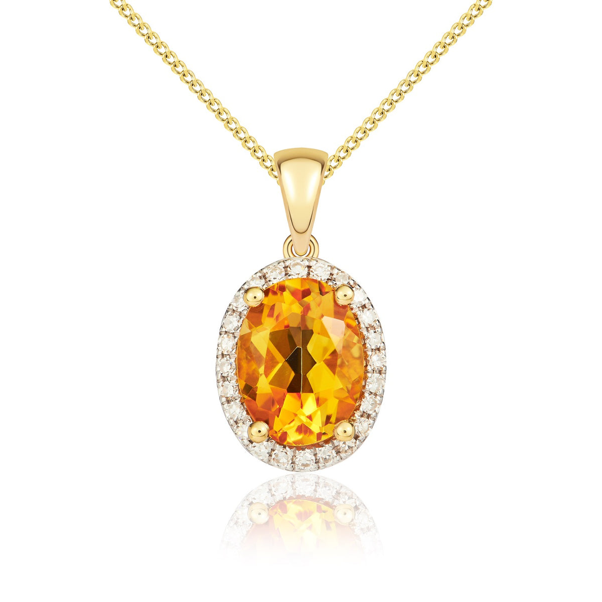 9ct Yellow Gold Oval Natural Citrine & Diamond Claw Cluster Pendant — 8x6mm