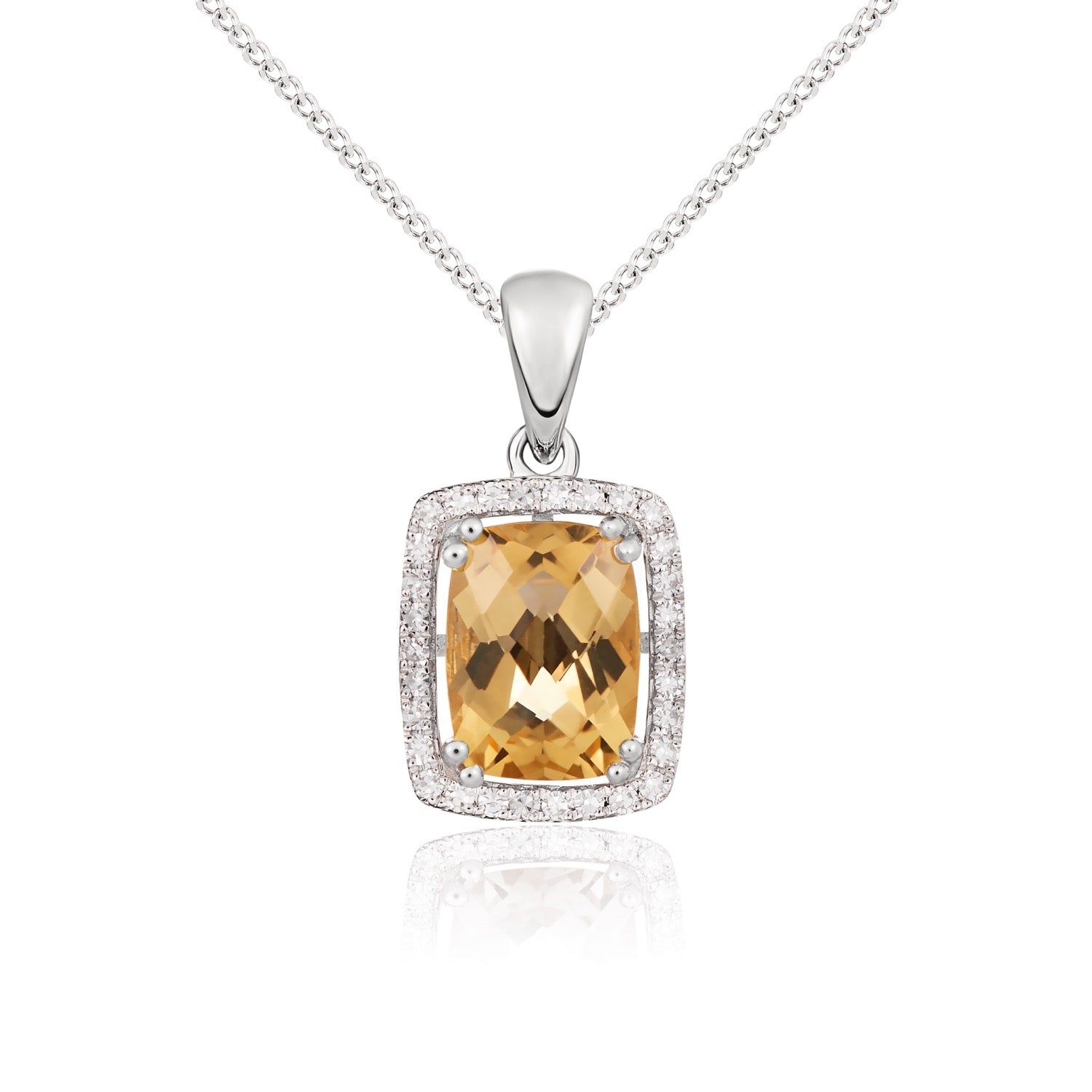 9ct White Gold Octagonal Cushion cut Natural Citrine and Diamond Cluster Pendant — 8x6mm