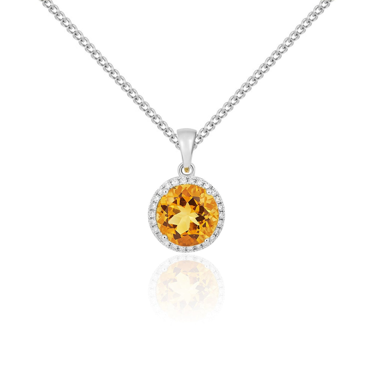 9ct White Gold Round Natural Citrine & Diamond Claw Cluster Pendant — 8mm