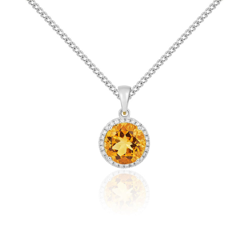 9ct White Gold Round Natural Citrine & Diamond Claw Cluster Pendant — 8mm