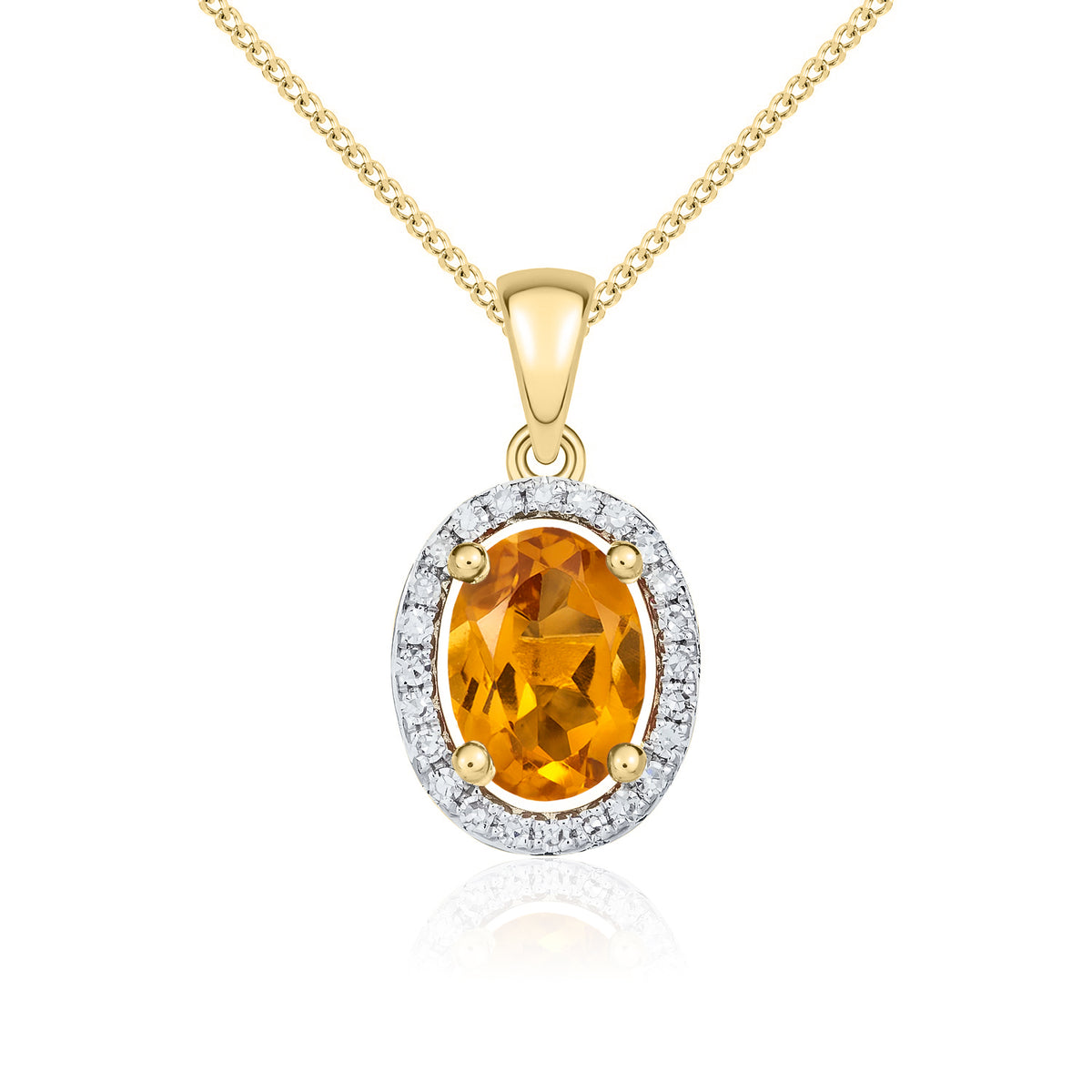 9ct Yellow Gold Oval Natural Citrine & Diamond Halo Cluster Pendant — 7x5mm