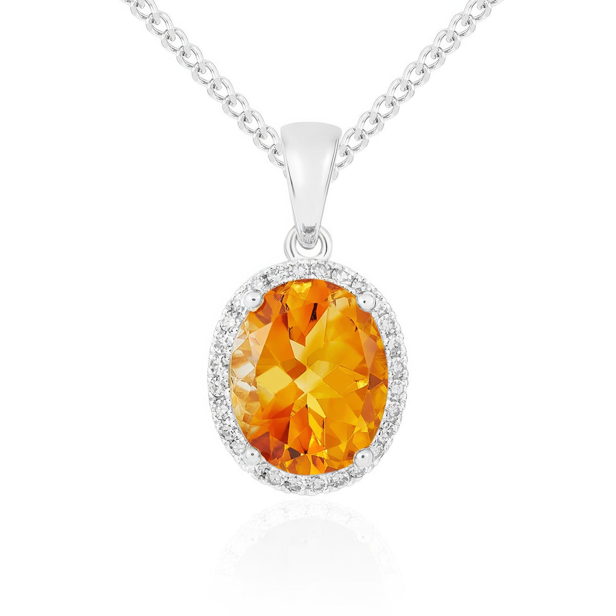 9ct White Gold Oval Natural Citrine & Diamond Claw Cluster Pendant — 10x8mm