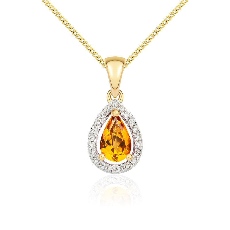 9ct Yellow Gold Pear Natural Citrine & Diamond Halo Cluster Pendant — 6x4mm