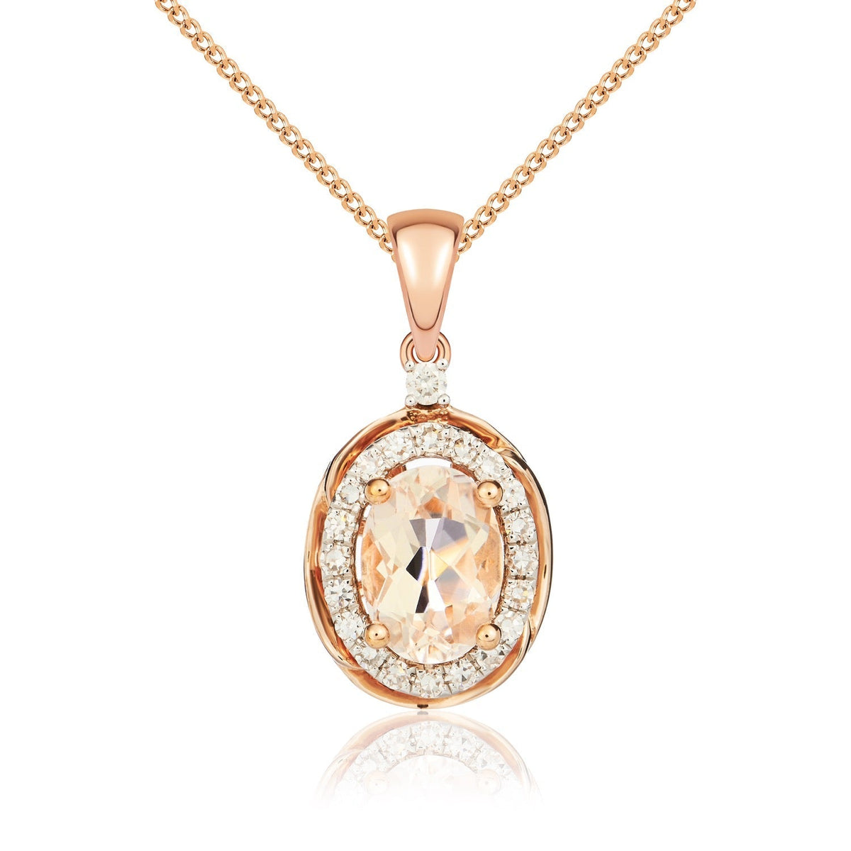 9ct Rose Gold Oval Natural Morganite & Diamond Rope Edge Cluster Pendant — 7x5mm