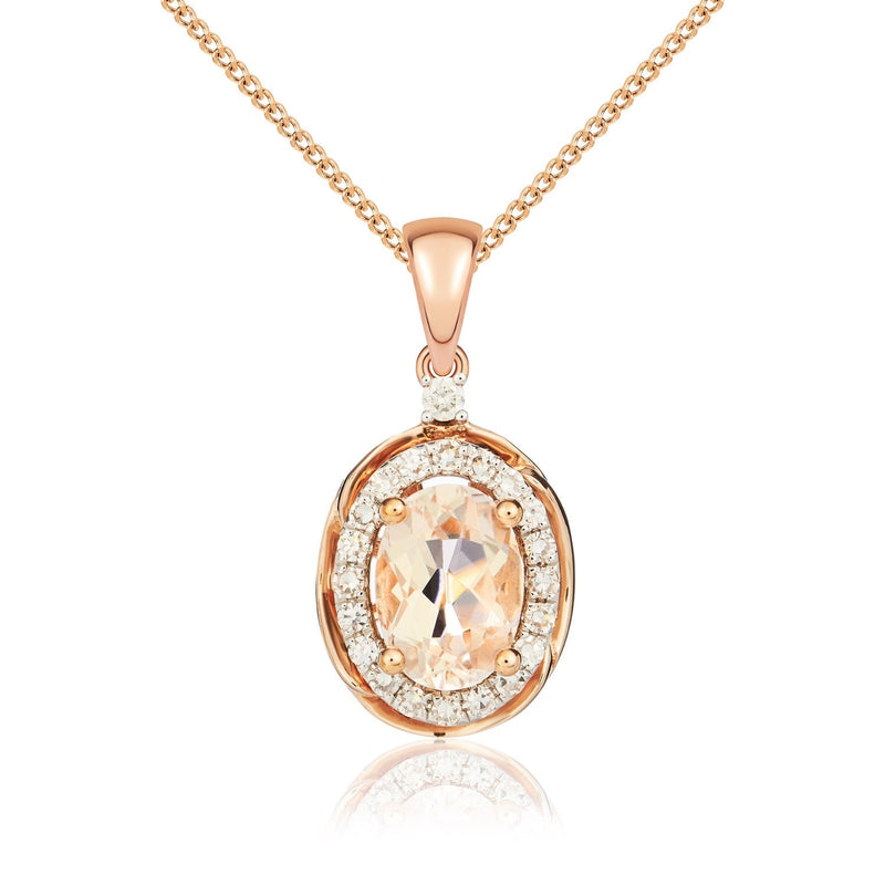 9ct Rose Gold Oval Natural Morganite & Diamond Rope Edge Cluster Pendant — 7x5mm