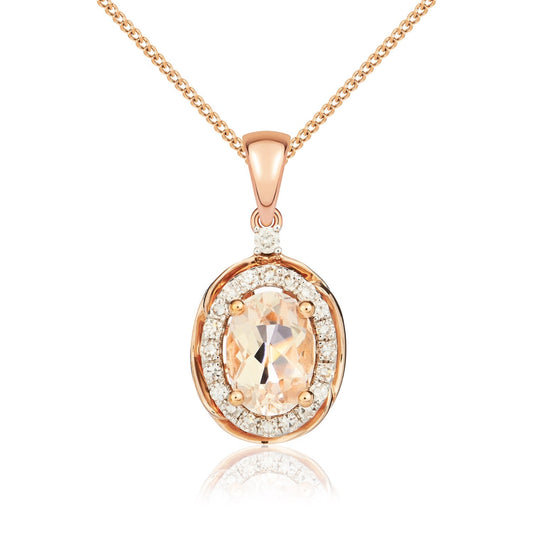 9ct Rose Gold Oval Natural Morganite and Diamond Cluster Pendant —7 x 5mm