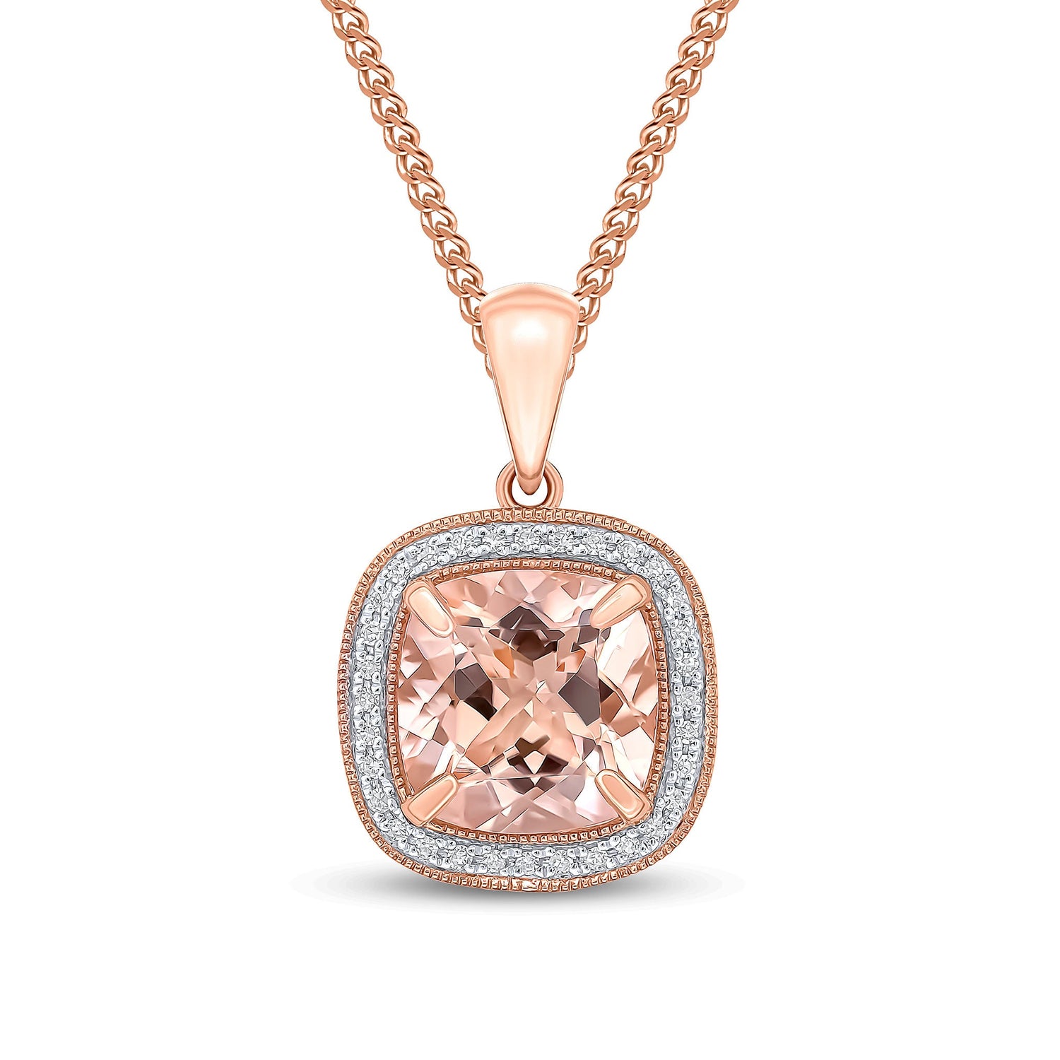 9CT Rose Gold Cushion Morganite & Diamond Cluster Pendant 9mm