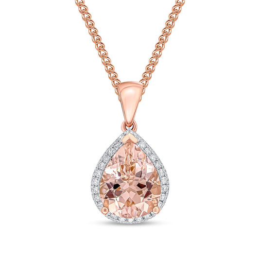 9ct Rose Gold Pear Shaped Natural Morganite and Diamond Cluster Pendant — 10x8mm