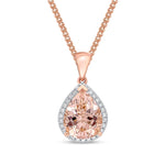 9ct Rose Gold Pear Shaped Natural Morganite & Diamond Claw Cluster Pendant — 10x8mm