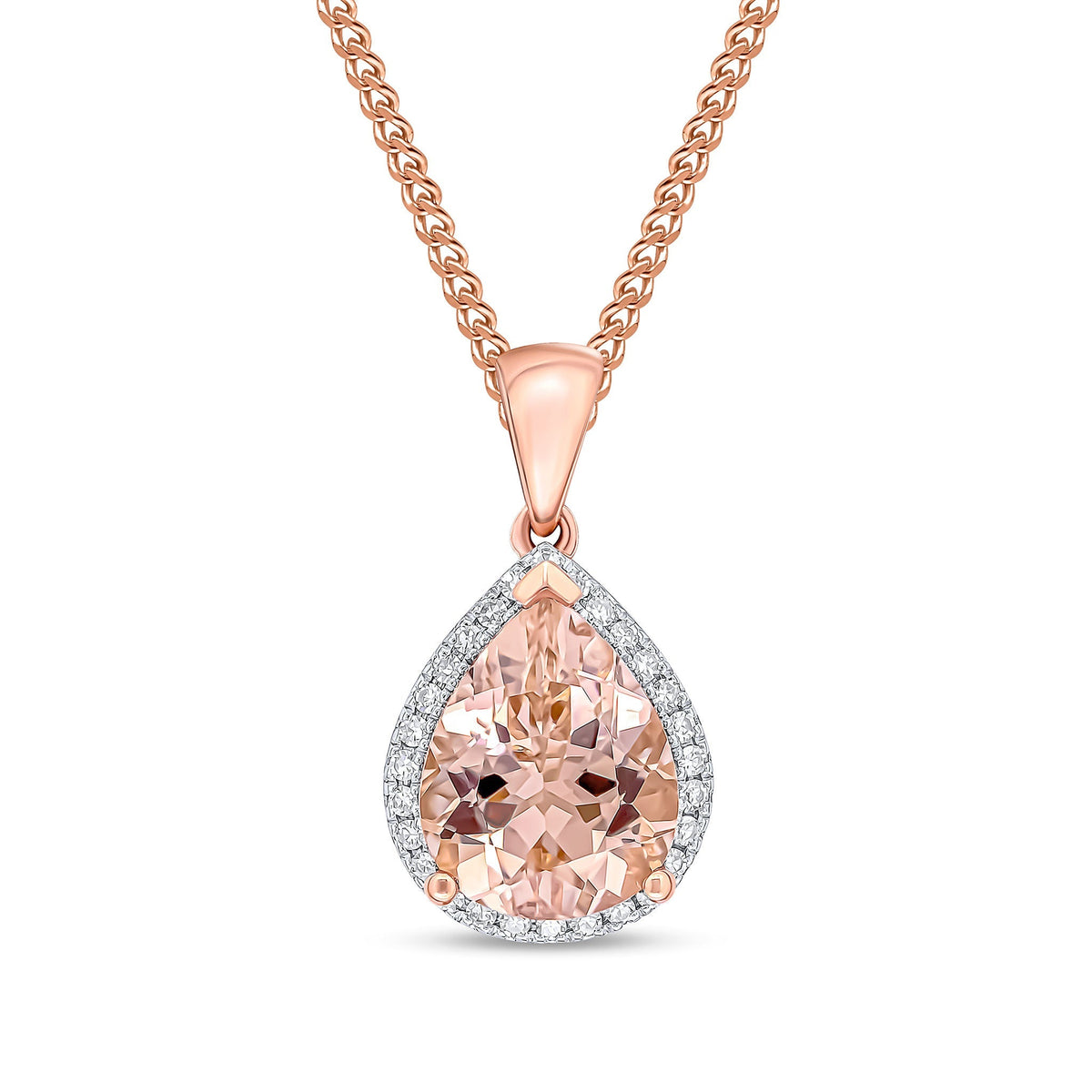 9ct Rose Gold Pear Shaped Natural Morganite & Diamond Claw Cluster Pendant — 10x8mm