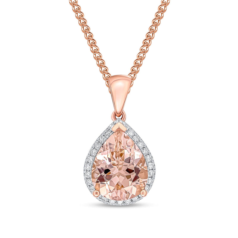 9ct Rose Gold Pear Shaped Natural Morganite & Diamond Claw Cluster Pendant — 10x8mm