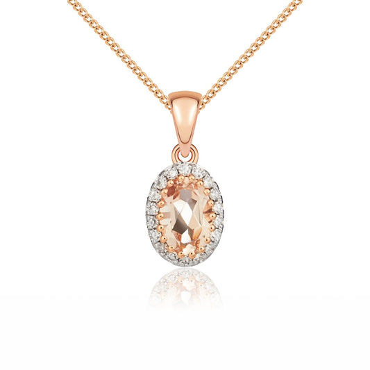 9ct Rose Gold Oval Natural Morganite and Diamond Cluster Pendant —6 x 4mm