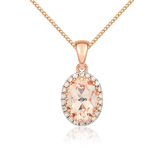 9ct Rose Gold Oval Natural Morganite and Diamond Cluster Pendant —7 x 5mm