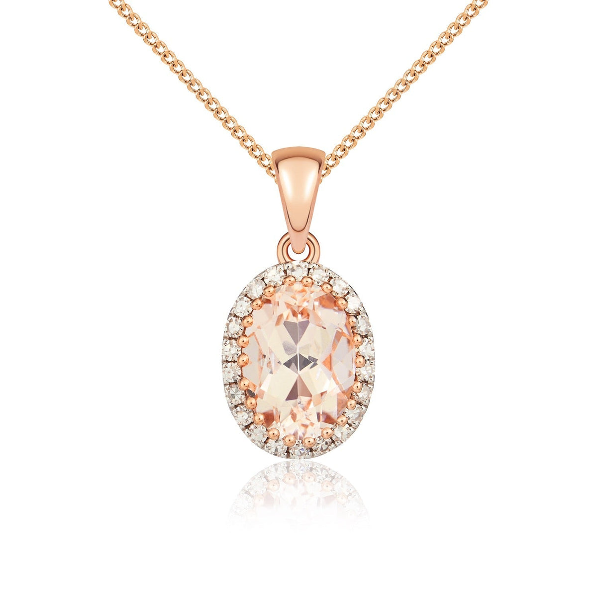 9ct Rose Gold Oval Natural Morganite & Diamond Claw Set Cluster Pendant — 7x5mm