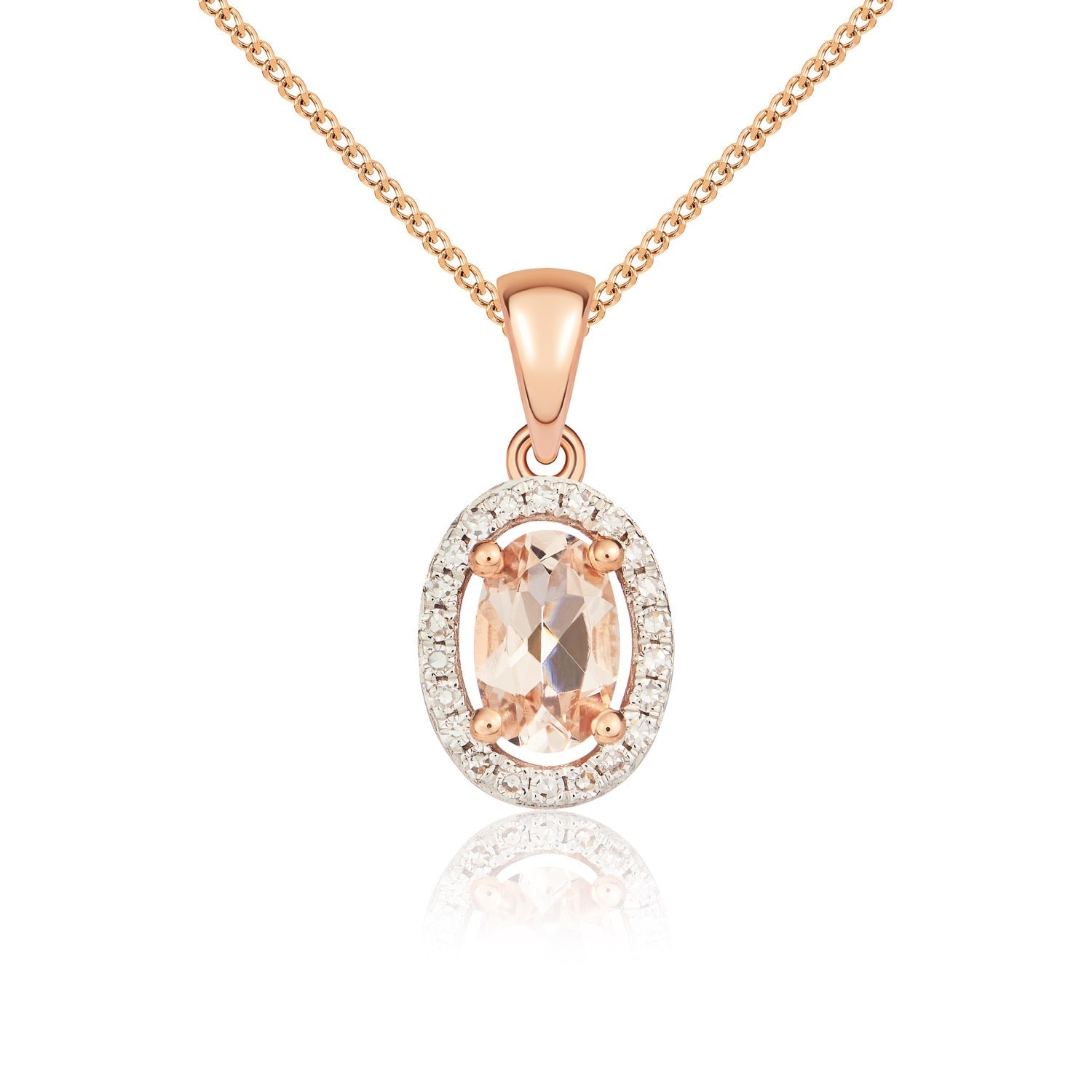 9ct Rose Gold Oval Natural Morganite and Diamond Halo Cluster Pendant —6 x 4mm